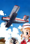  aircraft airplane antonov_an-2 aqua_eyes bear biplane blonde_hair camera cloud day flying hat hayami_rasenjin open_mouth original sky solo soviet 