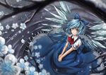  alternate_wings blue_dress blue_eyes blue_hair blurry blush bow cirno colored_eyelashes depth_of_field dress fairy flower from_above hair_bow ice ice_wings ks lake lips revision short_hair smile snow solo touhou tree v_arms water wings 