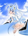  anal anus aoba_anoa ass blue_eyes blue_hair blush bottomless breasts cloud clouds futanari hair_ornament handjob long_hair looking_back open_mouth otomedius penis precum pussy ribbon sideboob sky squatting uma_(umaya) vagina 