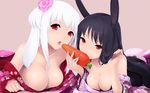  animal_ears bare_shoulders black_hair breasts bunny_ears cait carrot chinese_zodiac closed_eyes downblouse flower food hair_flower hair_ornament hands highres japanese_clothes kimono large_breasts licking long_hair multiple_girls new_year no_bra open_mouth original sexually_suggestive short_hair wallpaper white_hair year_of_the_rabbit 