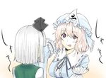  :q bob_cut cutting_hair hairband hairdressing hat hiroya_juuren konpaku_youmu multiple_girls pink_eyes pink_hair saigyouji_yuyuko scissors short_hair silver_hair smile tongue tongue_out touhou 