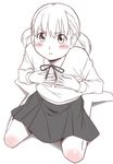  :&lt; blush covering covering_breasts hourou_musuko kneeling monochrome sasa_kanako sawa_jaaji school_uniform short_hair socks solo sweater twintails 