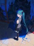  blue_eyes blue_hair broken_glass detached_sleeves esukee from_above glass hatsune_miku highres long_hair shade solo sunlight tattoo thighhighs twintails very_long_hair vocaloid 