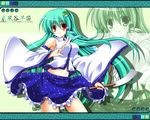  brown_eyes colorized detached_sleeves frog gohei goma_azarasi green_hair hair_ornament kochiya_sanae long_hair midriff navel osashin_(osada) snake solo touhou zoom_layer 