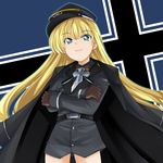  1girl :3 alice_soft blonde_hair blue_eyes cross crossed_arms crossing_arms daiteikoku hat kurenasm long_hair military military_uniform nazi peaked_cap retia_adolf solo uniform 