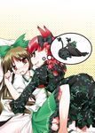  blush bow braid brown_eyes brown_hair green_bow hair_bow kaenbyou_rin kaenbyou_rin_(cat) long_hair multiple_girls red_eyes reiuji_utsuho reiuji_utsuho_(bird) short_hair telya touhou twin_braids twintails yuri 