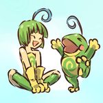  &gt;_&lt; :d ^_^ ahoge bare_shoulders blue_hair blush_stickers boots closed_eyes gen_2_pokemon gloves green_hair hitec moemon multicolored_hair open_mouth pokemon pokemon_(creature) politoed sitting smile two-tone_hair xd 