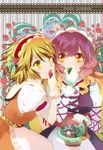  adapted_costume animal_ears apron arm_ribbon banned_artist basket blonde_hair dress food frills fruit gloves gradient_hair grey_hair hairband hijiri_byakuren long_hair minigirl mouse_ears mouse_tail mouth_hold multicolored_hair multiple_girls nazrin poko_(mammypoko) purple_hair red_eyes ribbon short_hair strawberry tail toramaru_shou touhou two-tone_hair waist_apron yellow_eyes 