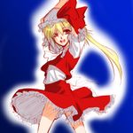  :d arms_up bad_id bad_pixiv_id blonde_hair flandre_scarlet frills hat hat_ribbon no_wings open_mouth red_eyes ribbon shoukaki_(earthean) side_ponytail sketch skirt smile solo touhou 