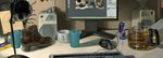  cup desk glass jana_schirmer keyboard_(computer) lamp mouse_(computer) no_humans photorealistic recursion red_bull shoes sketch speaker still_life teabag tissue 