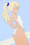  1girl aohashi_ame ass blonde_hair blush breasts closed_mouth glasses highres long_hair looking_at_viewer one-piece_swimsuit perrine_h._clostermann ponytail shoulder_blades sketch small_breasts solo strike_witches swimsuit tan tanlines white_one-piece_swimsuit world_witches_series yellow_eyes 