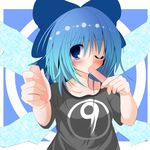  1girl alternate_costume blue_eyes blue_hair blush bow cirno food giving hair_bow one_eye_closed popsicle shirt short_hair solo sukage t-shirt touhou upper_body wings 