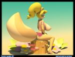  2009 3d amber_eyes big_breasts big_tail blonde_hair breasts bushy_tail cgi cream_(miu) female flower hair huge_tail large_areola log long_blonde_hair long_hair looking_at_viewer pose seductive side_boob sitting skirt solo soul-drawer tail topless 