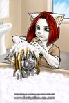  bath bathroom blonde_hair blue_eyes bubbles cat felicia_nightshade feline female green_eyes hair keiron_white one_eye_closed red_hair shampoo unimpressed 