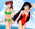  bikini bishoujo_senshi_sailor_moon black_eyes black_hair brown_hair casual_one-piece_swimsuit gentoku green_eyes highres hino_rei kino_makoto long_hair long_legs multiple_girls one-piece_swimsuit ponytail swimsuit 