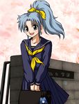  blue_eyes blue_hair botan_(yu_yu_hakusho) botan_(yuu_yuu_hakusho) briefcase female long_hair miniskirt nature open_mouth outdoors plant ponytail ribbon school_uniform skirt solo tonkatsuko uniform yellow_ribbon yu_yu_hakusho yuu_yuu_hakusho 