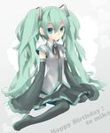  detached_sleeves green_eyes green_hair hair_ribbon hatsune_miku long_hair plastick ribbon solo thighhighs twintails very_long_hair vocaloid 