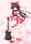  alternate_costume anklet bad_id bad_pixiv_id bow detached_sleeves guitar hair_bow hakurei_reimu highres instrument jewelry long_hair nekokotei sandals shadow solo touhou 