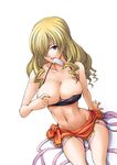  areola_slip areolae blonde_hair breasts cleavage drill_hair hair_over_one_eye large_breasts legs long_hair midriff open_mouth oriana_thomason purple_eyes slender_waist soba_(saz) solo thighs to_aru_majutsu_no_index undersized_clothes 