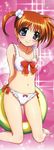  absurdres bikini blush bow_bikini brown_hair frilled_bikini frills highres incredibly_absurdres innertube kneeling long_image lyrical_nanoha mahou_shoujo_lyrical_nanoha mahou_shoujo_lyrical_nanoha_the_movie_1st megami non-web_source official_art okuda_yasuhiro purple_eyes short_twintails side-tie_bikini smile solo stick_poster swimsuit takamachi_nanoha tall_image twintails white_bikini 