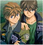  2boys brown_hair duo_maxwell gundam gundam_wing heero_yui heero_yuy male male_focus multiple_boys 