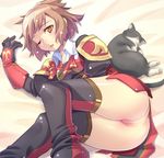  ass bed brown_eyes brown_hair cat censored error final_fantasy final_fantasy_xi gloves hume katy_(artist) legs lying no_panties pussy red_mage short_hair shoulder_pads sleepy solo thighhighs 