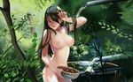  alphonse_(white_datura) apple black_hair breasts breasts_apart day elysion foliage food forest fruit hair_over_one_eye highres long_hair medium_breasts nature nipples nude outdoors smile solo sound_horizon third-party_edit tree wallpaper wet yield 