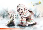  angry arm_support blue_eyes blush breath emoticon fangs gloves grin hat highres ice kneeling lagombi lagombi_(armor) minimaru monster_hunter monster_hunter_portable_3rd open_mouth size_difference smile snow winter_clothes 