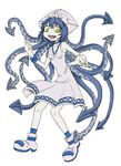  armpits blue_hair cthulhu_mythos horror_(theme) ikamusume ikuramaru open_mouth shinryaku!_ikamusume simple_background solo tentacle_hair tentacles webbed_hands white_background yellow_eyes 