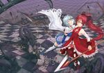  blue_hair highres hoshinokaoru long_hair magical_girl mahou_shoujo_madoka_magica miki_sayaka multiple_girls polearm ponytail red_eyes red_hair sakura_kyouko school_uniform short_hair spear thighhighs torn_clothes weapon 