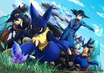  aaron_(character) blue_eyes egg flower lucario moeinu pikapikatyu pok&eacute;mon polearm red_eyes riley riolu staff 