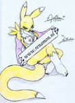  2006 blue_eyes breasts canine chest_tuft claws digimon elbow_gloves face_markings female fox looking_at_viewer maliha pussy renamon sitting tail unknown_artist yellow 