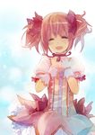 bow bubble_skirt closed_eyes gloves hair_bow kaname_madoka magical_girl mahou_shoujo_madoka_magica naruse_chisato pink_eyes pink_hair short_twintails skirt smile solo tears twintails white_gloves 
