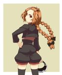  bad_id bad_pixiv_id bangs_pinned_back black_legwear braid brown_eyes enri_granite fractale freckles from_behind frown goggles hair_ornament hairclip hand_on_hip highres looking_back mackey_(mthc_riku) orange_hair simple_background solo thighhighs topknot twin_braids twintails 