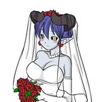  artist_request astaroth_(shinrabanshou) black_sclera blue_skin bride demon_girl dress earrings heart heart_earrings jewelry shinrabanshou solo succubus wedding_dress 