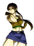  abs belt braid breasts brown_eyes brown_hair denim denim_skirt fighting_stance fingerless_gloves gloves headband highres julia_chang medium_breasts midriff miniskirt muscle native_american navel pencil_skirt pleasure-treasure shirt single_braid skirt solo taut_clothes taut_shirt tekken tekken_6 