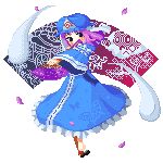  chaa_(ritoporu) fan folding_fan full_body ghost goshoguruma hat hitodama lowres pink_hair pixel_art saigyouji_yuyuko saigyouji_yuyuko's_fan_design solo touhou transparent_background triangular_headpiece 