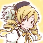  beret blonde_hair drill_hair hat long_hair magical_girl mahou_shoujo_madoka_magica official_style sanari_(quarter_iceshop) smile solo tomoe_mami twin_drills twintails yellow_eyes 