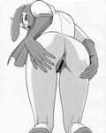  anus ass ass_grab bent_over censored gloves highres kekko_kamen kekko_kamen_(character) looking_back mask monochrome nude pubic_hair solo thighs tower_(artist) 