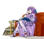  book chair colorized crescent cup dodosuke easy_chair hat highres mtmy pale_skin patchouli_knowledge purple_hair red_eyes sitting solo teacup touhou 