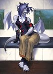  belt blue_hair blue_mood breasts claws cleavage dragon fang female fingerless_gloves hair hand_band horns indoors j_axer leigh looking_at_viewer purple_eyes raining scalie sitting solo t-shirt tail thick_tail wings wristband zipper 