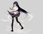  absurdres akemi_homura antenna_(draconian) bakemonogatari black_hair black_legwear bow bow_panties hairband highres long_hair mahou_shoujo_madoka_magica monogatari_(series) multiple_panties panties panties_removed pantyhose parody polka_dot polka_dot_panties puffy_sleeves purple_eyes saitou_chiwa school_uniform seiyuu_connection senjougahara_hitagi senjougahara_pose skirt skirt_lift solo striped striped_panties underwear very_long_hair 