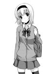  alice_margatroid alternate_costume bad_id bad_pixiv_id bag black_legwear blush bow bowtie cardigan greyscale hairband monochrome school_bag school_uniform skirt solo sweater thighhighs tottoto_tomekichi touhou zettai_ryouiki 