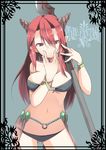  bad_id bad_pixiv_id bikini breasts earrings horns jewelry johnny_funamushi large_breasts long_hair navel pixiv_fantasia pixiv_fantasia_5 pointy_ears polearm red_eyes red_hair see-through solo swimsuit weapon 