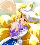  blonde_hair blush cupping_hands face fang fox_tail hands hat kazami_karasu mayonnaise multiple_tails sexually_suggestive solo suggestive_fluid tail tongue tongue_out touhou yakumo_ran yellow_eyes 