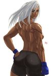  ass back bike_shorts breasts dark_skin fingerless_gloves from_behind gloves hand_on_ass lips long_hair medium_breasts mixed_martial_arts muscle muscular_female sideboob silver_hair solo tenji topless vanessa_lewis virtua_fighter 