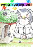  4girls animal_ears arm_rest building chibi coat commentary_request cover cover_page doujin_cover giantess grass grey_wolf_(kemono_friends) highres kemono_friends long_sleeves looking_at_another multicolored_hair multiple_girls multiple_persona murakami_kou_(raye) northern_white-faced_owl_(kemono_friends) own_hands_together size_difference smile tree wolf_ears 