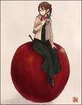  :t apple black_skirt border braid brown_eyes brown_hair eating food fruit glasses hair_bun hair_ornament hairclip highres long_skirt looking_away okiru original oversized_food oversized_object plaid scarf short_hair sitting skirt solo 