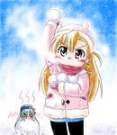  black_legwear blonde_hair blush colorized einhart_stratos heterochromia long_hair lyrical_nanoha mahou_shoujo_lyrical_nanoha_vivid multiple_girls pantyhose san-pon snow snowball tamu_(mad_works) vivio winter 