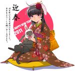  2011 akeome animal_ears bunny_ears cat copyright_request happy_new_year japanese_clothes kerorin kimono long_hair new_year seiza sitting solo 